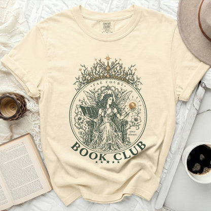 Fae Court Book Club graphic t-shirt with crowned fairy holding orb.