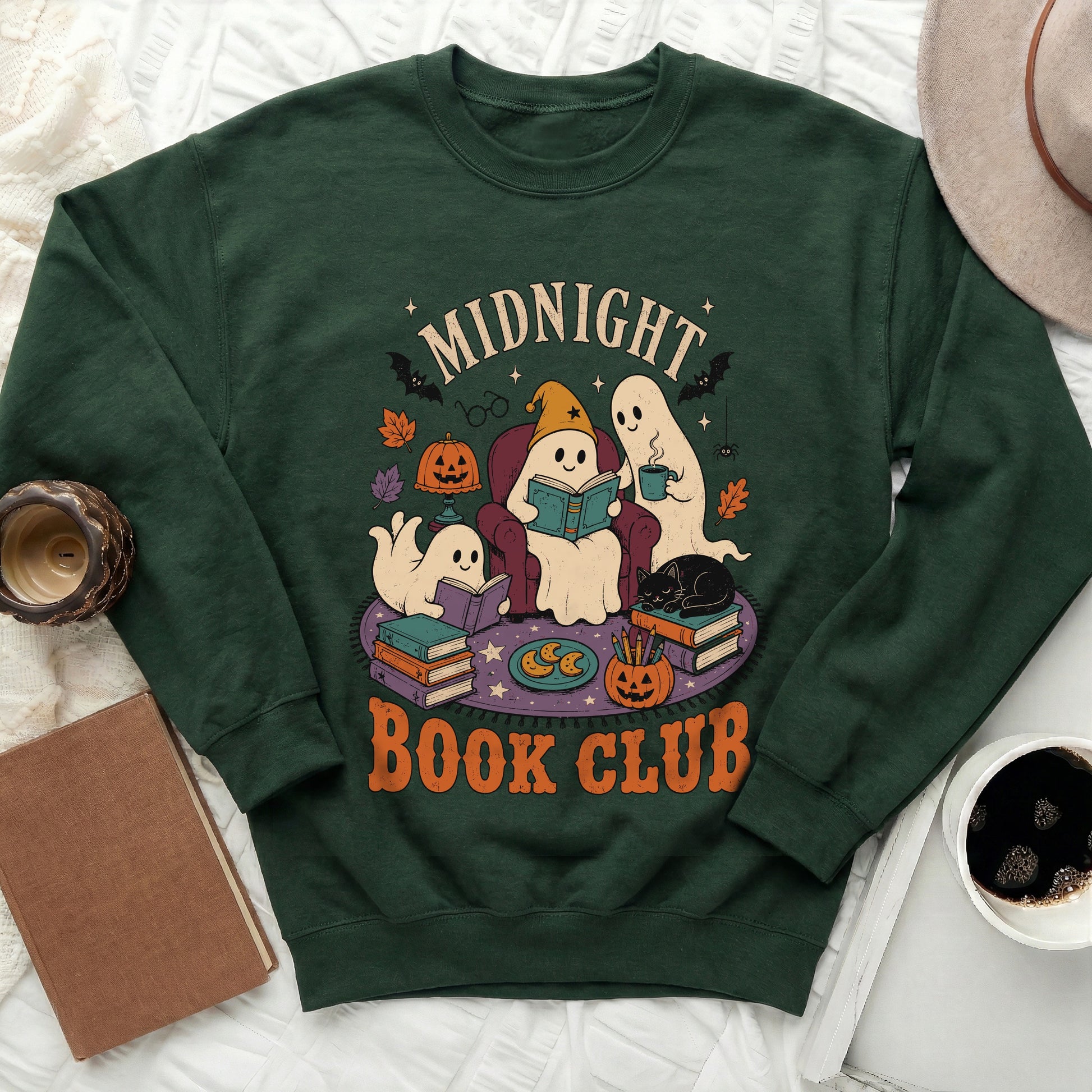 Dark green sweatshirt with "Midnight Book Club" graphic featuring ghosts reading and drinking coffee.