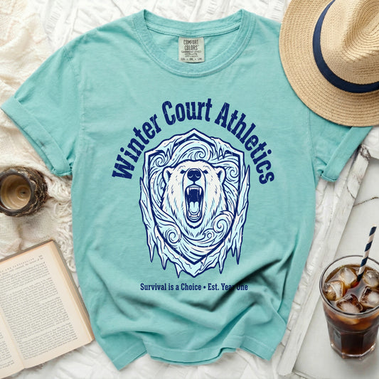 Teal t-shirt with distressed polar bear and ice shield graphic.