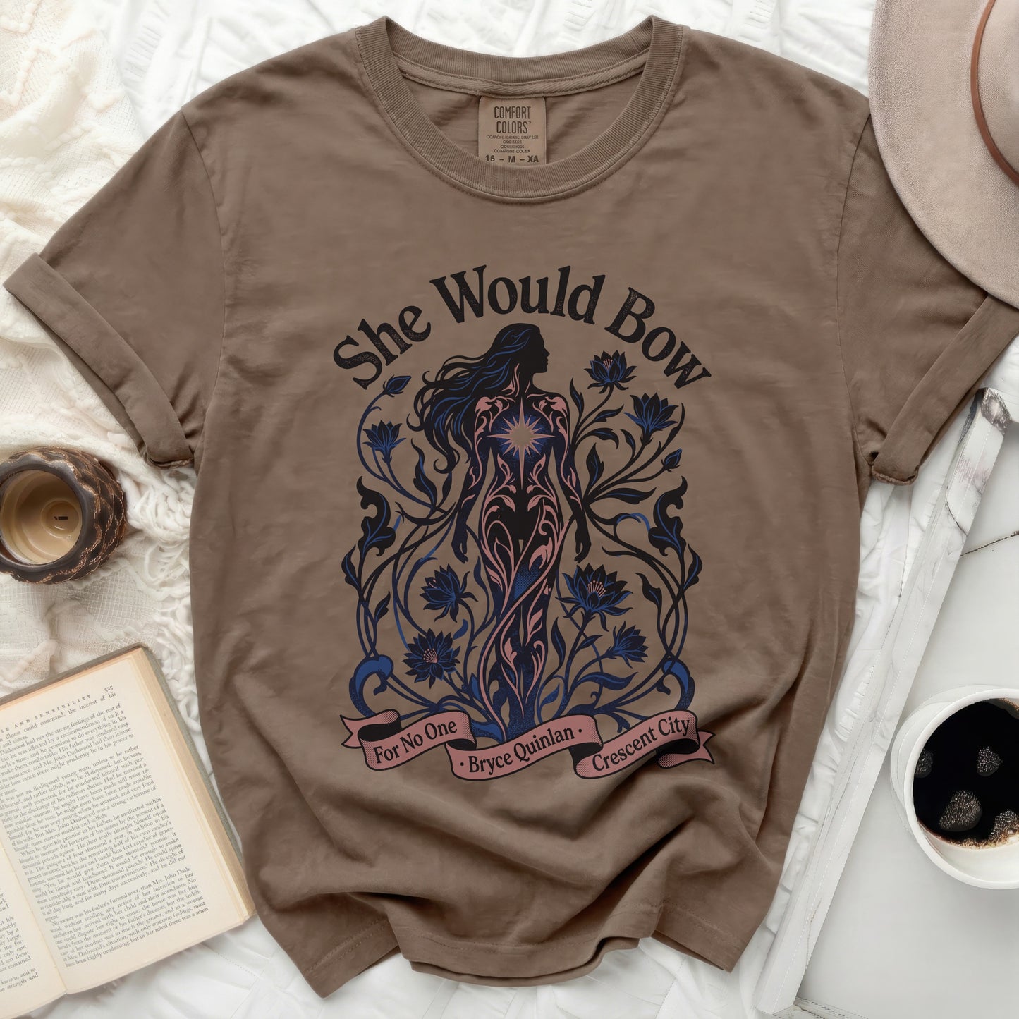 T-shirt with "She Would Bow For No One Bryce Quinlan Crescent City" text.