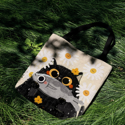 🐾 Cozy Cat & Daisy Woven Tote Bag 🌼