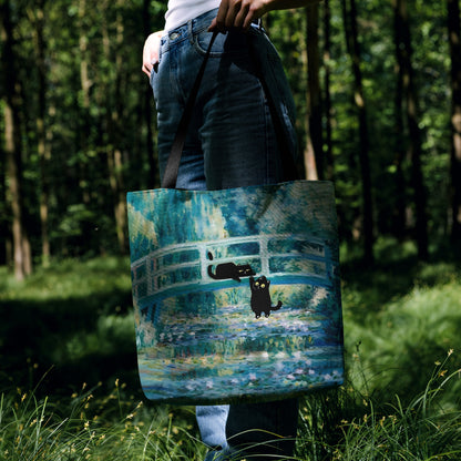 Black Cats on Monet’s Water Lily Bridge Tote Bag 🐾🎨