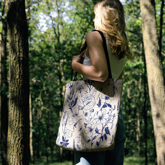 Blue Botanical Woven Tote Bag 🌿🌸