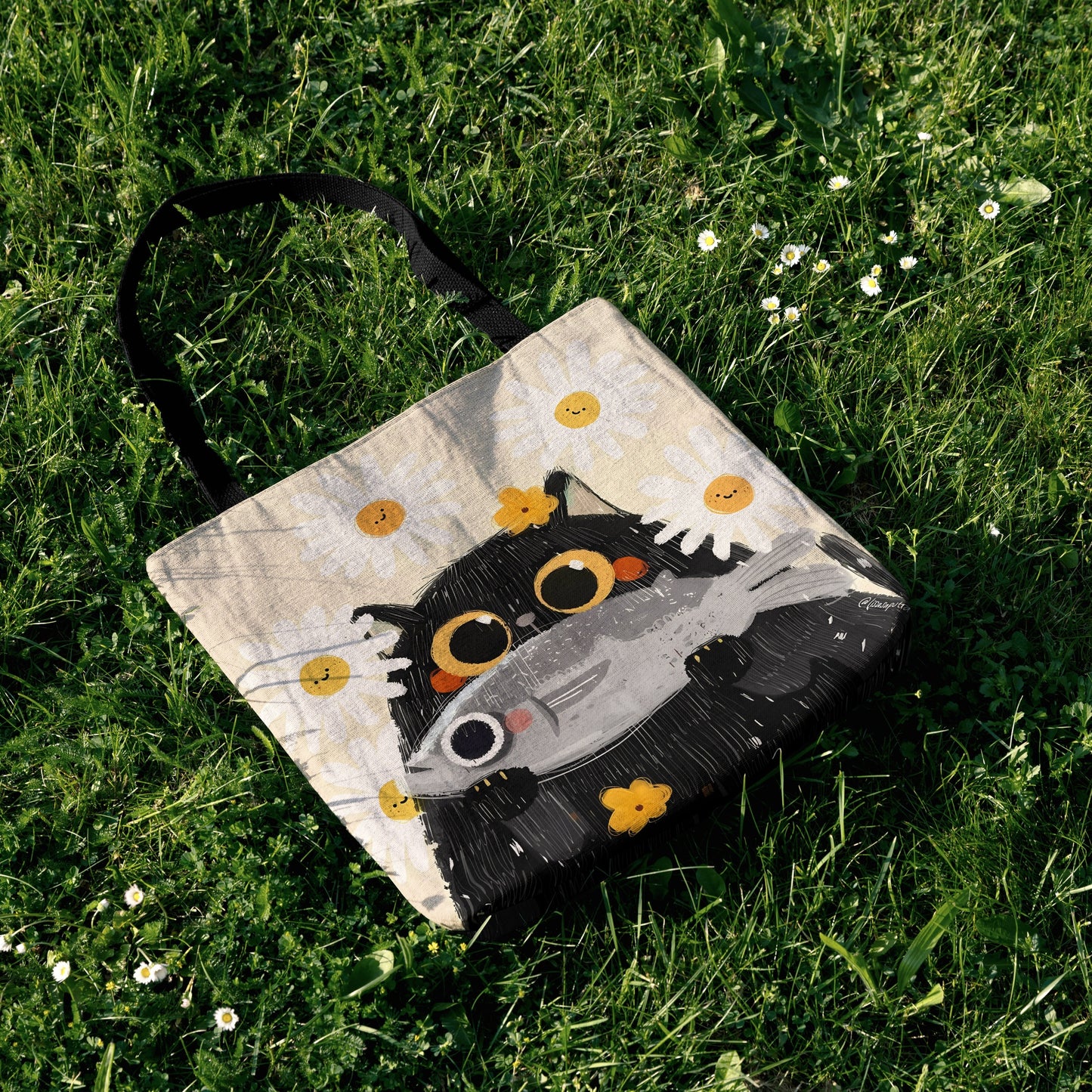 🐾 Cozy Cat & Daisy Woven Tote Bag 🌼