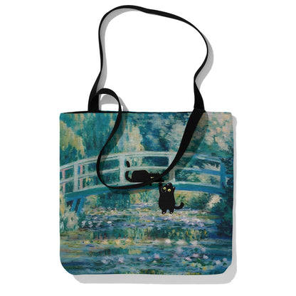 Black Cats on Monet’s Water Lily Bridge Tote Bag 🐾🎨