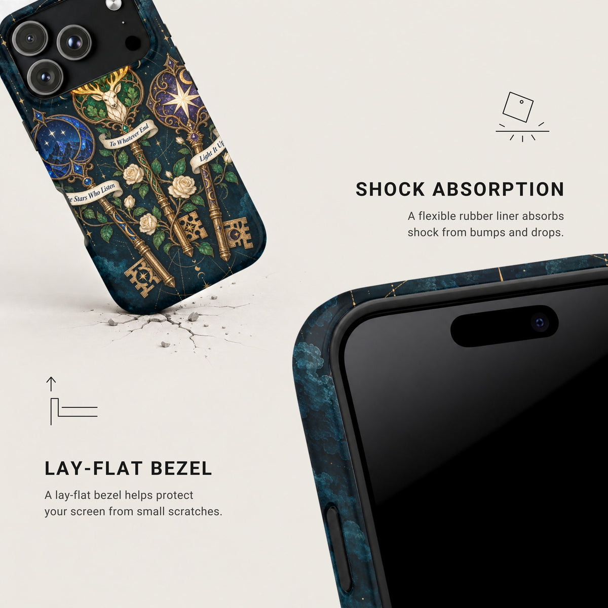 Dark fantasy phone case highlighting shock absorption and lay-flat bezel features with descriptive text.
