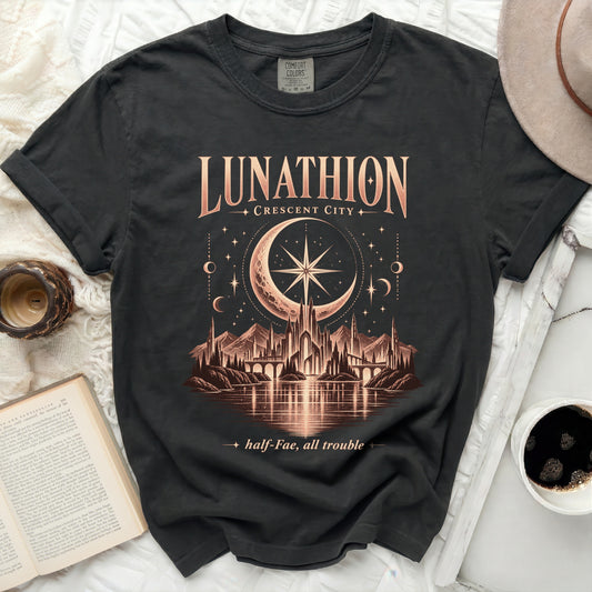 Black t-shirt with "LUNATHION CRESCENT CITY" and fantasy city graphic.