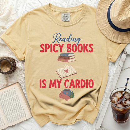 Yellow t-shirt with "Reading Spicy Books Is My Cardio" text and book graphics.