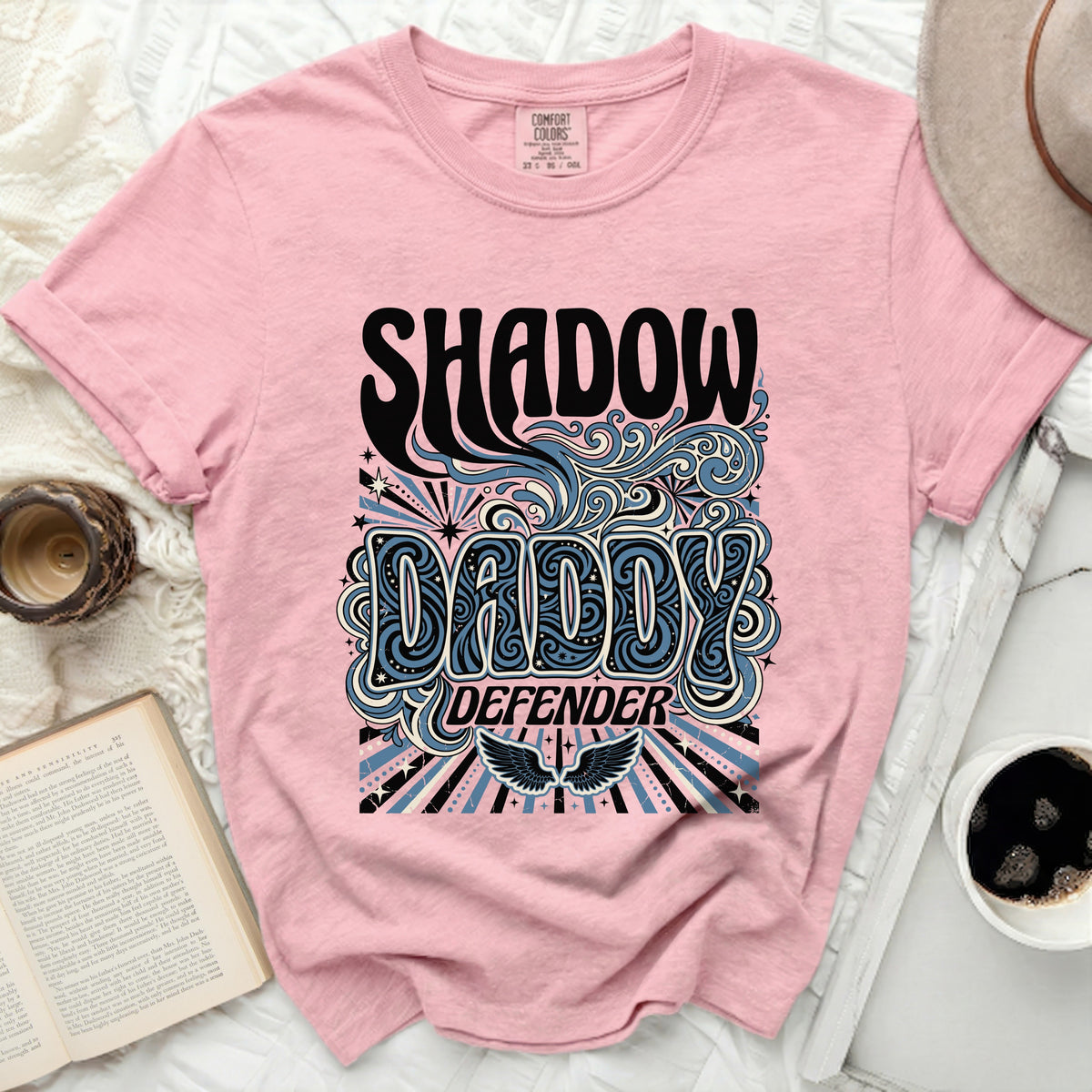 Pink Comfort Colors shirt with retro graphic "SHADOW DADDY DEFENDER".