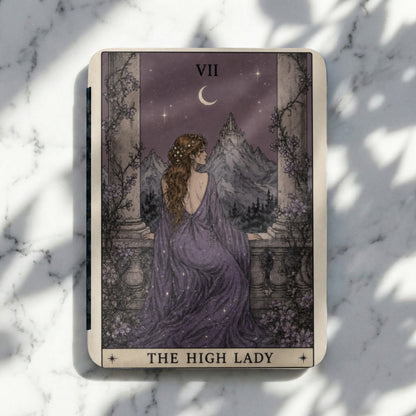 Tarot card "The High Lady" with Roman numeral VII and a crescent moon.