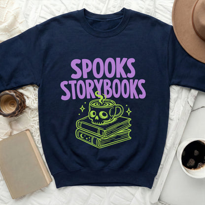 Navy sweatshirt with "Spooks Storybooks" text and skull mug on books graphic.
