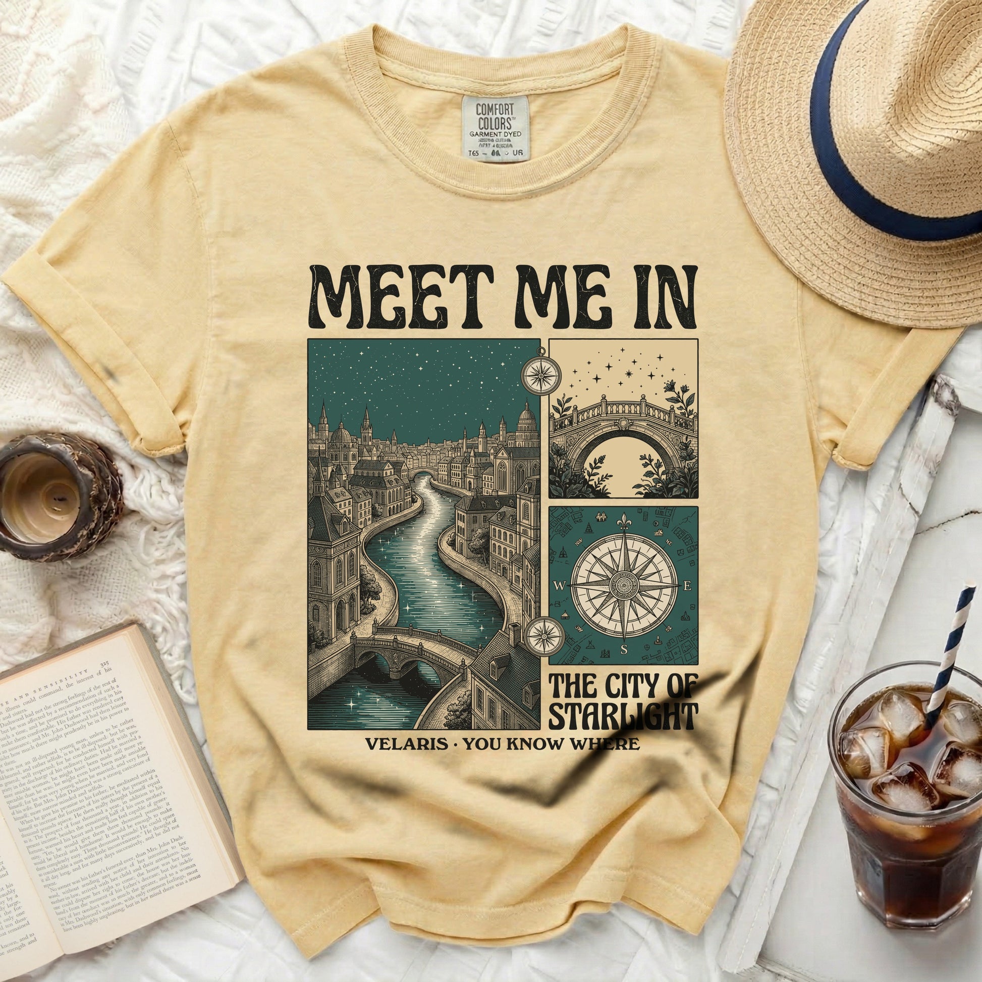 Yellow t-shirt with "Meet Me In Velaris, The City of Starlight" graphic.