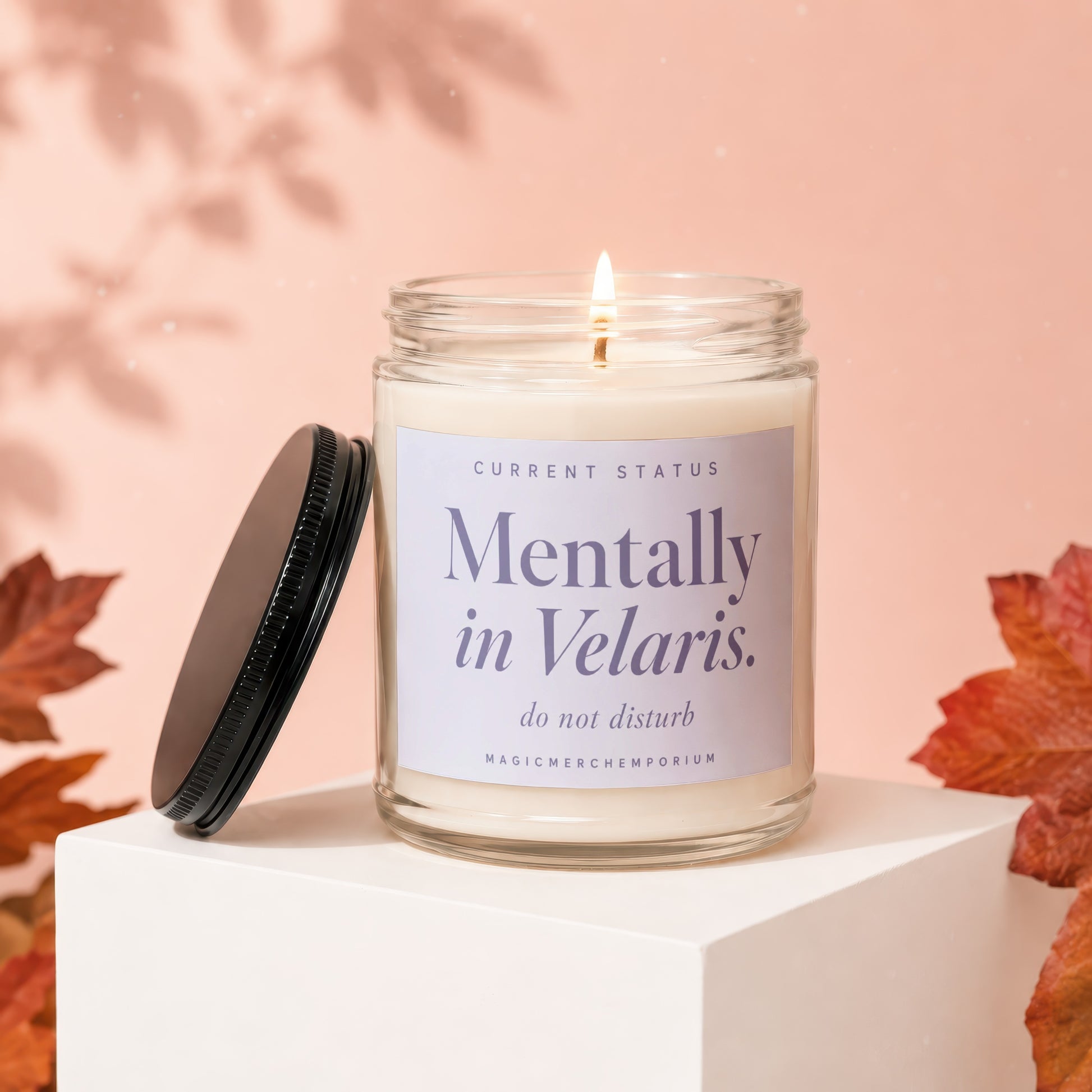 Candle with "Mentally in Velaris. do not disturb" text and candle lid off, surrounded by autumn leaves.
