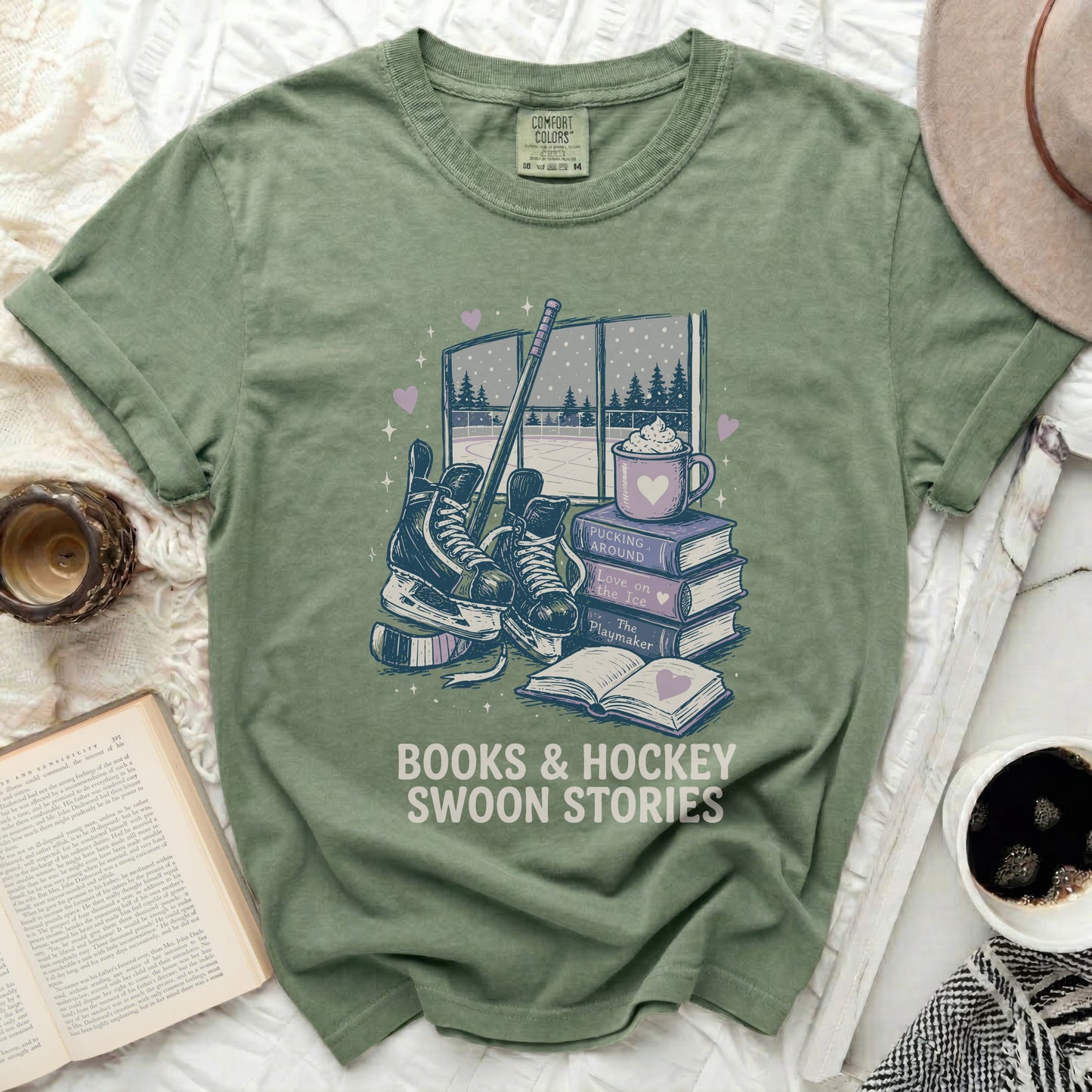 T-shirt with hockey skates, books, and "Books & Hockey Swoon Stories" text.