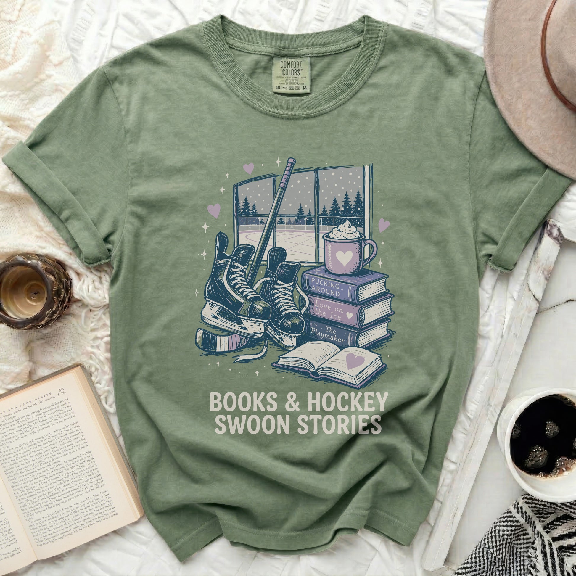 T-shirt with hockey skates, books, and "Books & Hockey Swoon Stories" text.