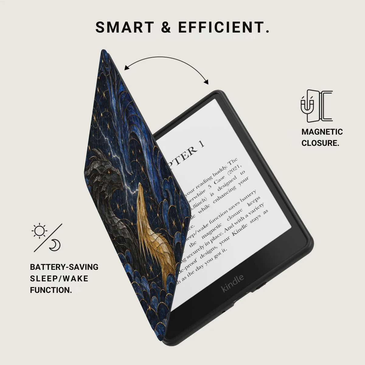Kindle e-reader with a dark blue celestial design case and text features.