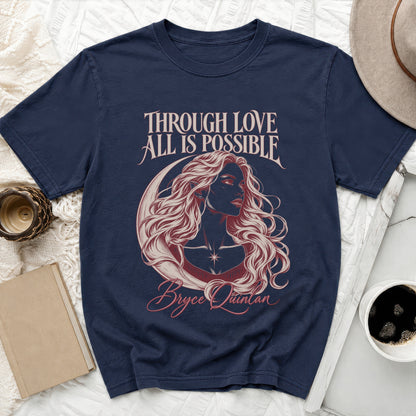 Navy t-shirt with illustration of Bryce Quinlan, moon, and text "Through Love All Is Possible".
