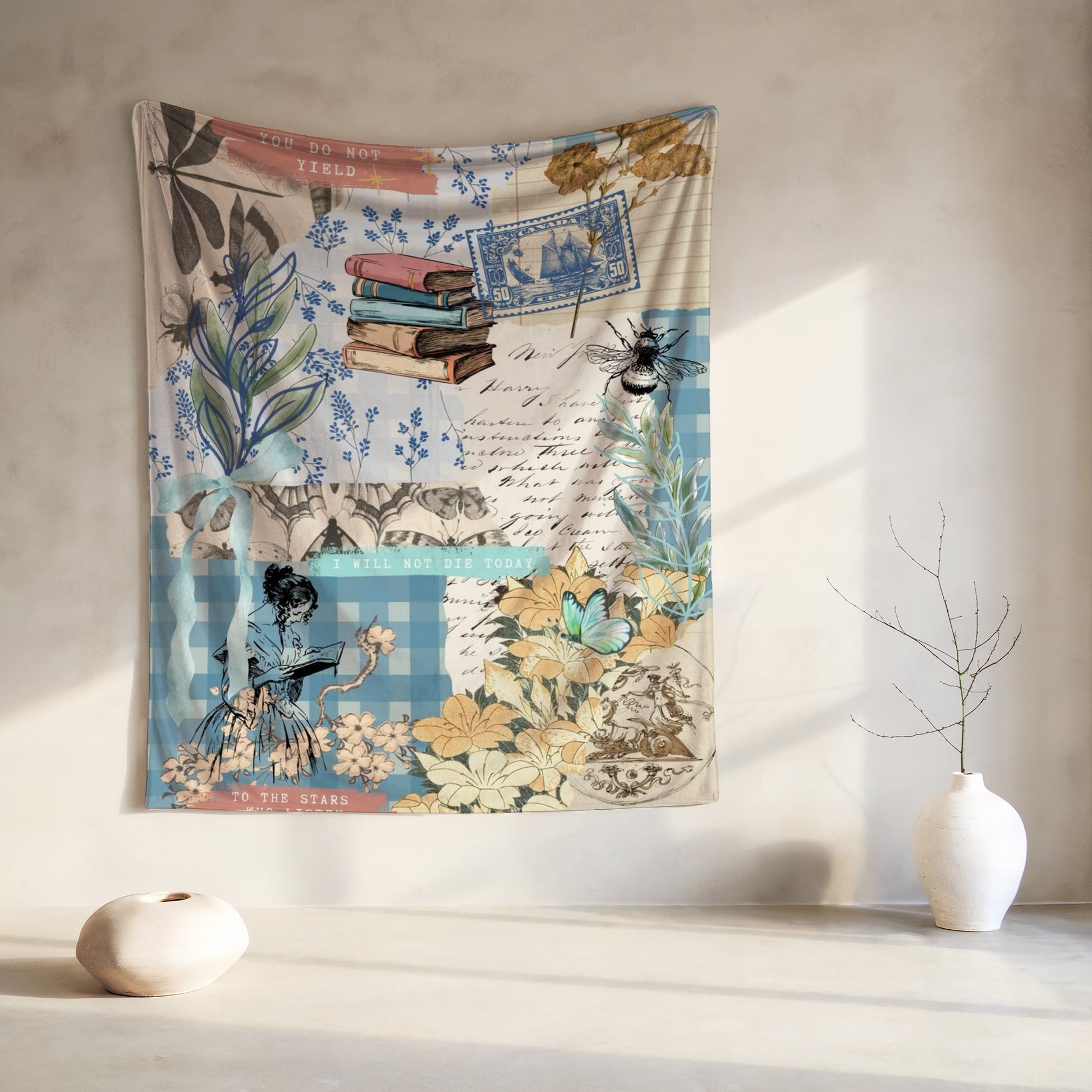 Collage tapestry with books, bees, butterflies, vintage stamps, and text.