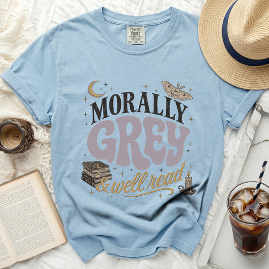 Light blue T-shirt with "Morally Grey & Well Read" graphic.