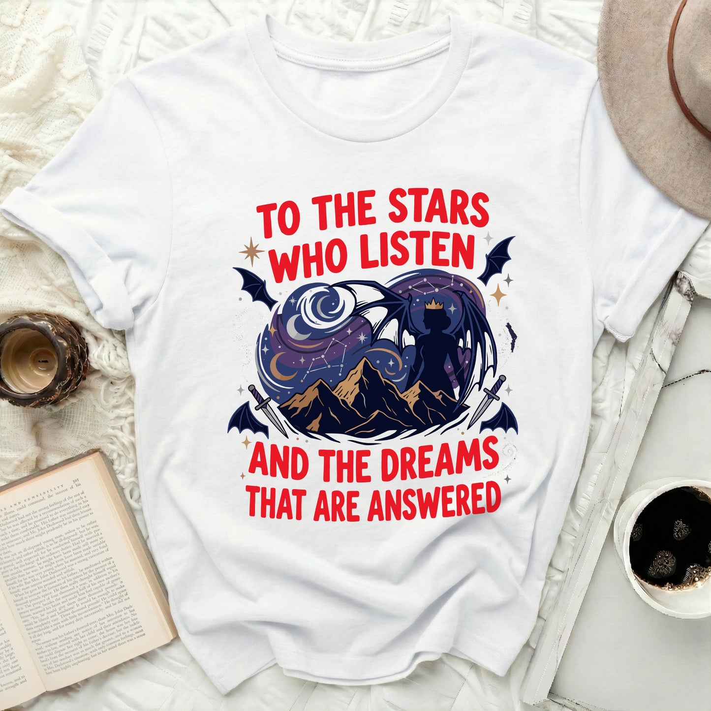 TO THE STARS WHO LISTEN AND THE DREAMS THAT ARE ANSWERED product type
stars listen
dreams answered
fantasy creature
celestial design
night sky graphic
constellation art
mountain landscape
winged dragon
magic aesthetic
book lover
literary inspired
fae kingdom
dark fantasy
sword design
bat wings
crowned figure
spiritual journey
inspirational quote
unique apparel
graphic tee