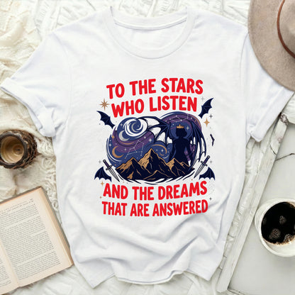 TO THE STARS WHO LISTEN AND THE DREAMS THAT ARE ANSWERED product type
stars listen
dreams answered
fantasy creature
celestial design
night sky graphic
constellation art
mountain landscape
winged dragon
magic aesthetic
book lover
literary inspired
fae kingdom
dark fantasy
sword design
bat wings
crowned figure
spiritual journey
inspirational quote
unique apparel
graphic tee