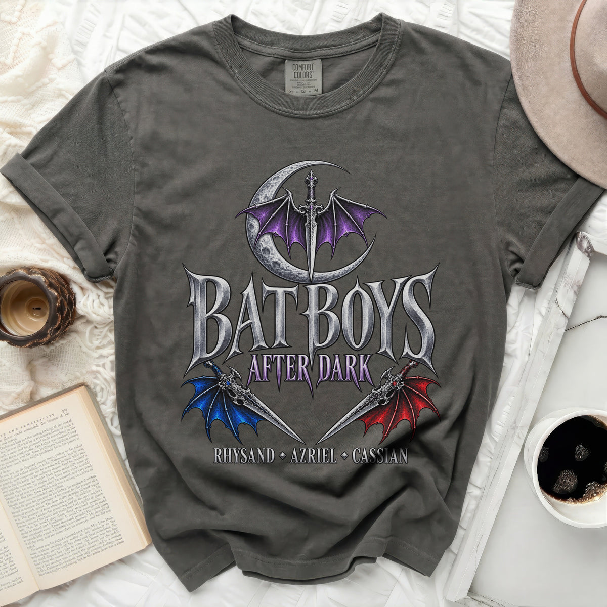 Dark grey t-shirt with "Bat Boys After Dark" text and sword graphics.
