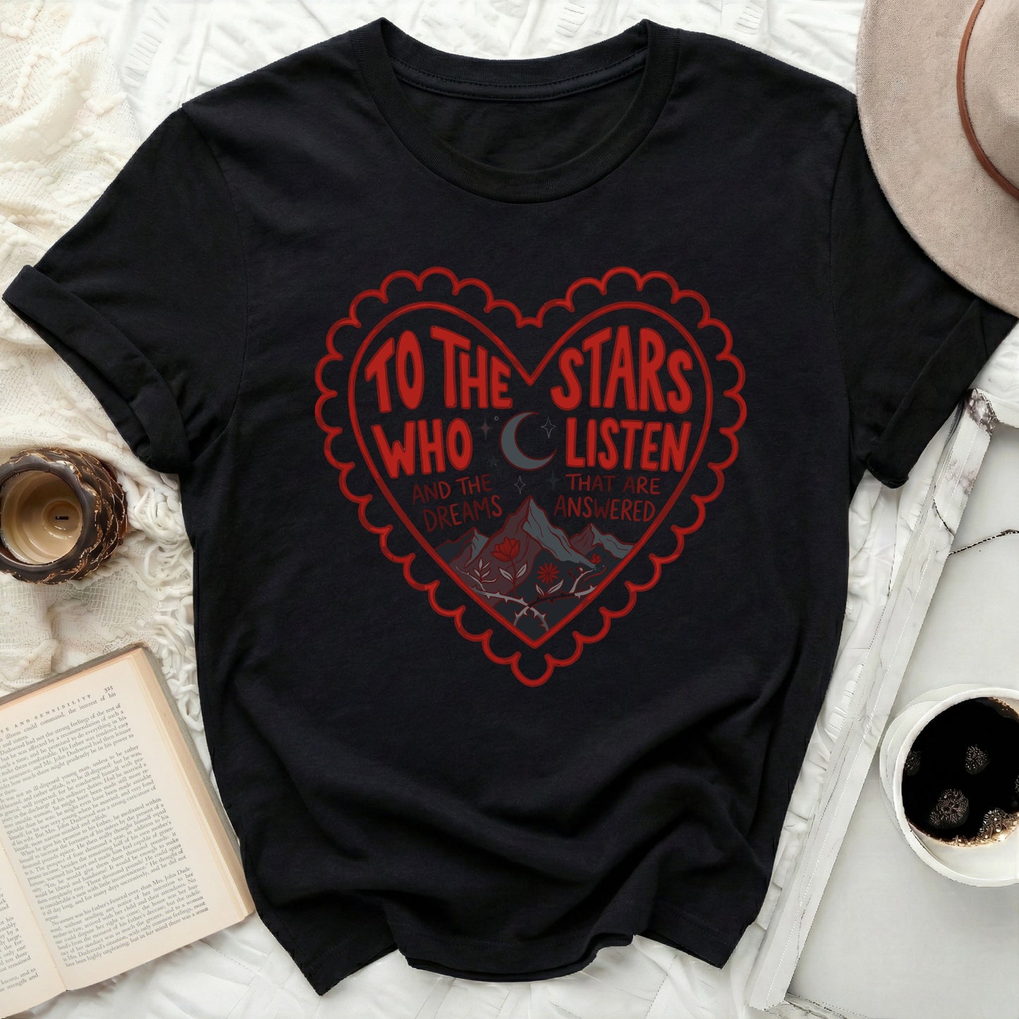 TO THE STARS WHO LISTEN AND THE DREAMS THAT ARE ANSWERED product type
T-Shirt
Black T-Shirt
Stars Design
Dreams Quote
Answered Dreams
Heart Graphic
Celestial Shirt
Fantasy Design
Book Lover
Literary Quote
Mountains Art
Moon Symbol
Floral Thorns
Inspirational Top
Unique Graphic
Gift Idea
Aesthetic Tee
Boho Style
Dark Academia
Magical Theme