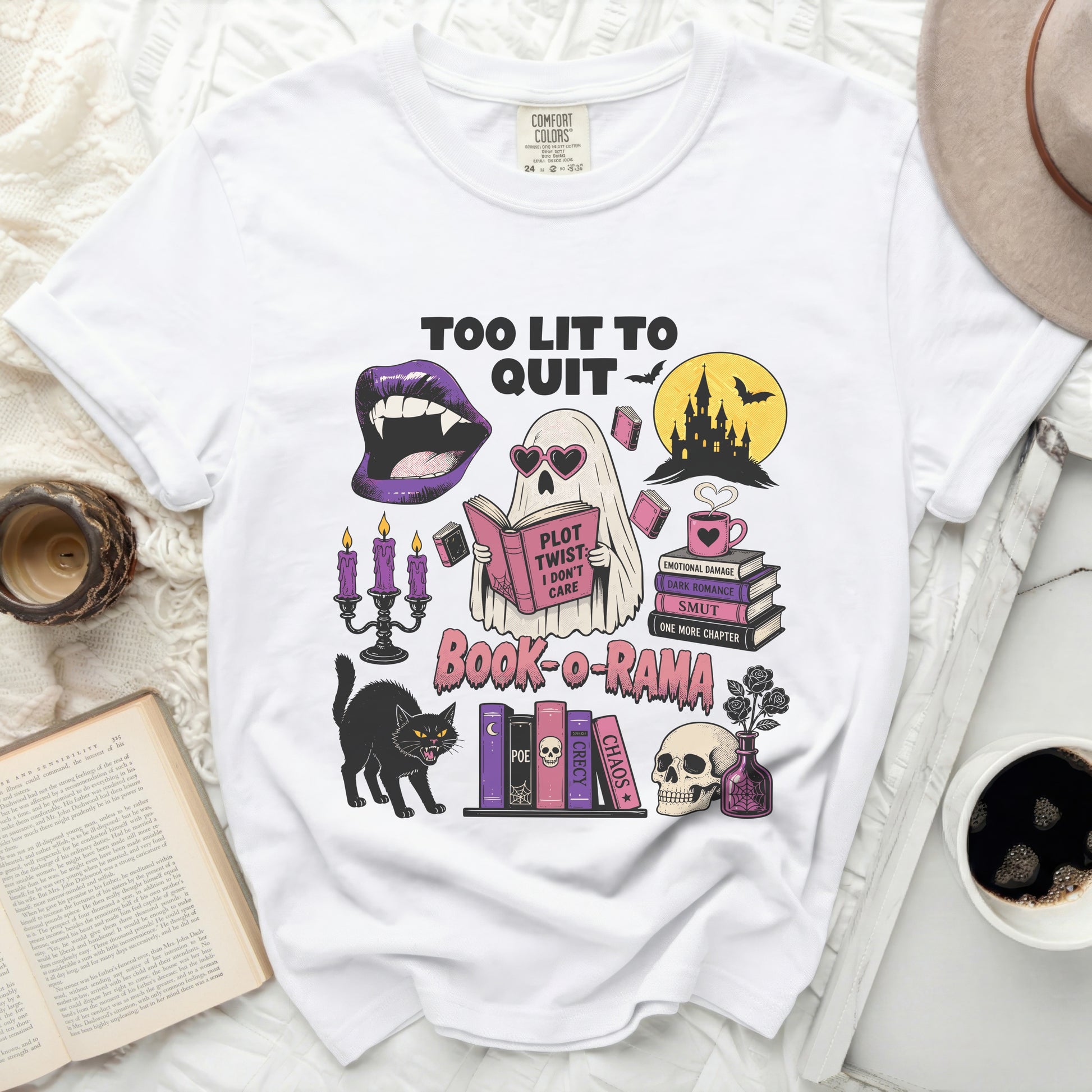 White Comfort Colors t-shirt with "Too Lit To Quit Book-o-Rama" Halloween graphic.