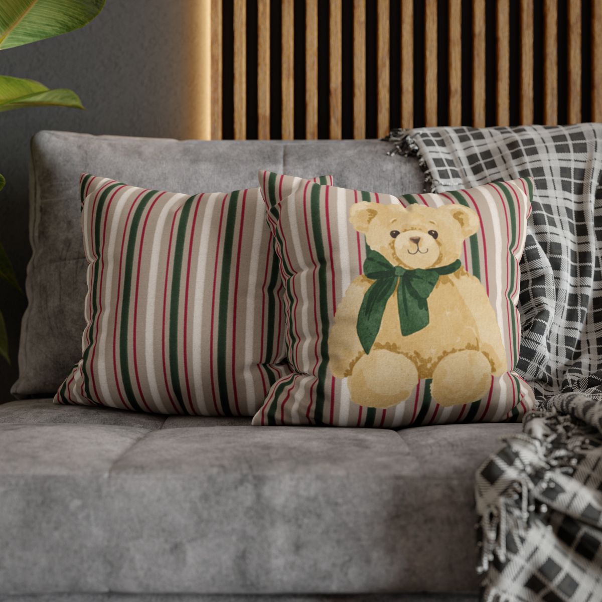 Decorative Throw Pillow Set with Bear and Striped Patterns