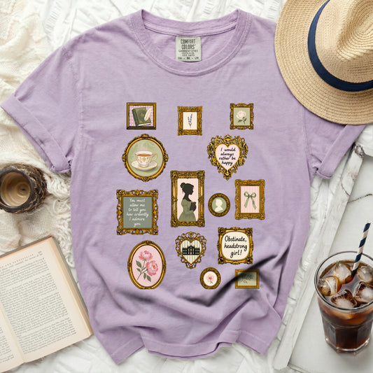 Lilac t-shirt with framed vintage illustrations and quotes.