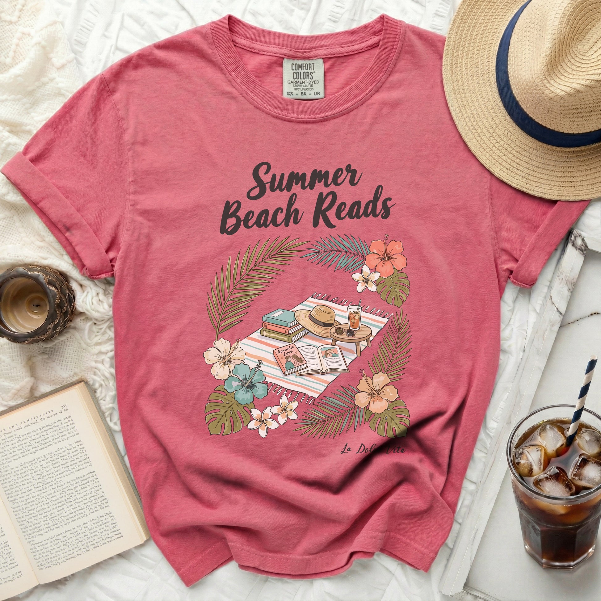 Pink t-shirt with "Summer Beach Reads" graphic and book illustration.
