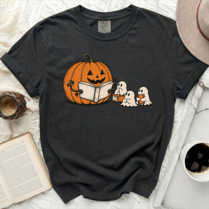 Dark grey Comfort Colors t-shirt with pumpkin reading to ghosts graphic.