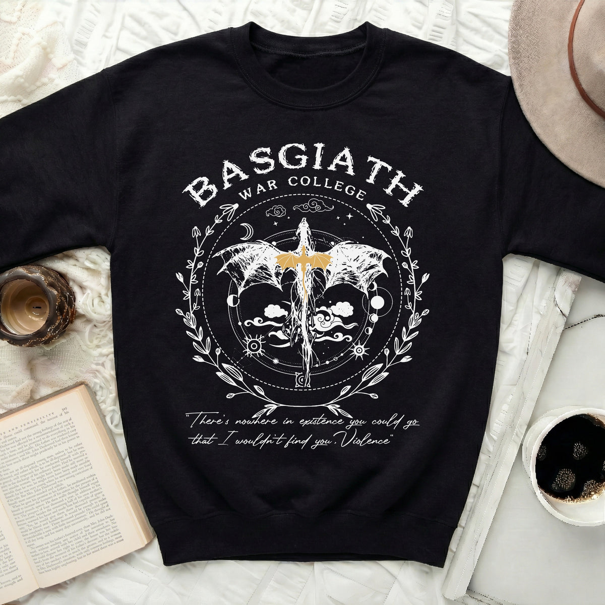 Black sweatshirt with Basgiath War College graphic and quote.