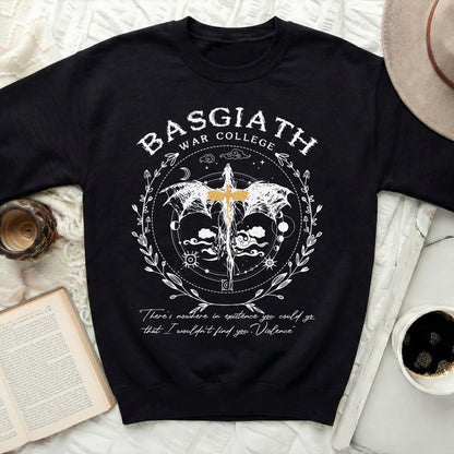 Black sweatshirt with Basgiath War College graphic and quote.