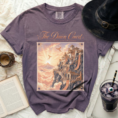 Purple t-shirt featuring "The Dawn Court" with an ornate palace and mythical birds.