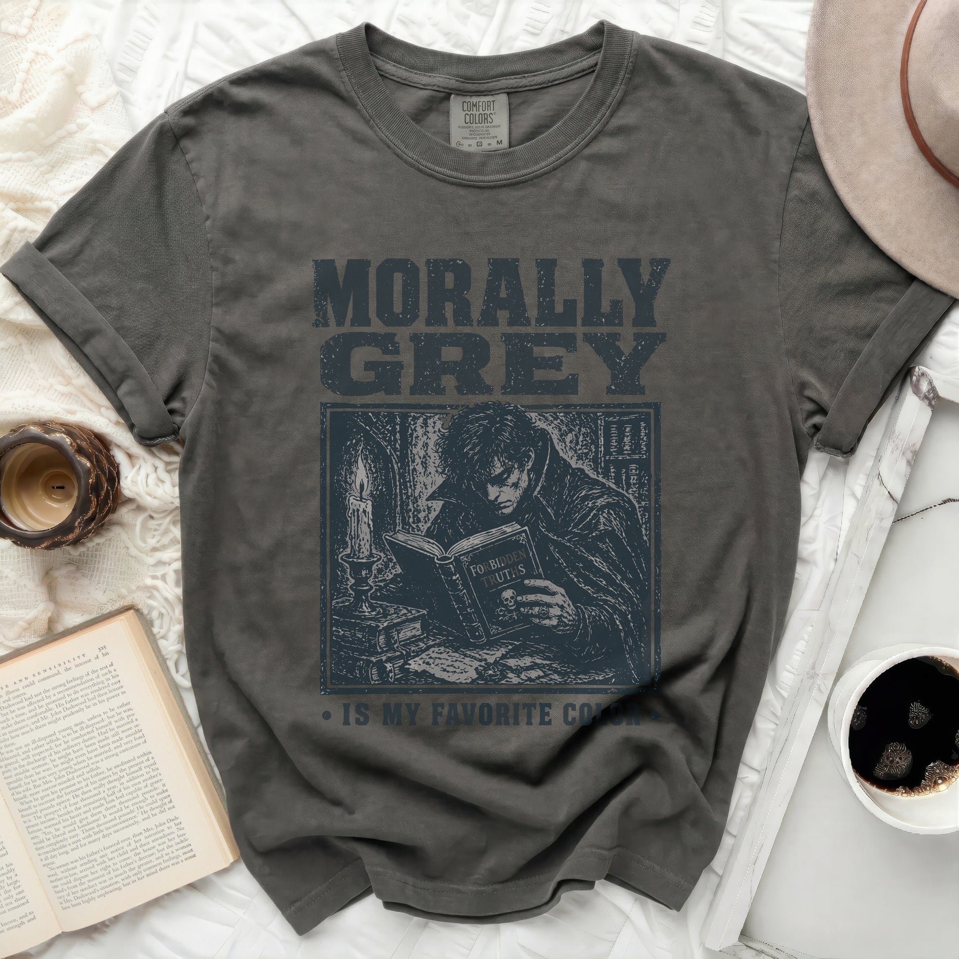 Dark grey t-shirt with "Morally Grey is My Favorite Color" graphic.
