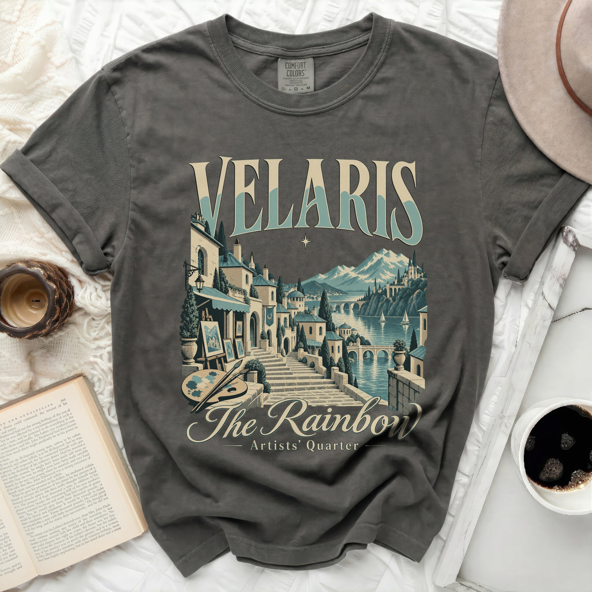 Dark grey t-shirt with VELARIS The Rainbow Artists' Quarter graphic.