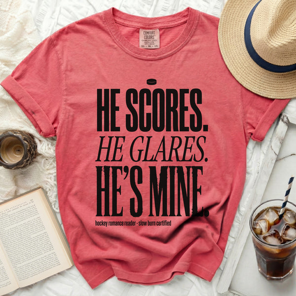 He Scores. He Glares. He's Mine. Hockey Tee in Watermelon