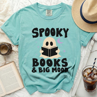 Teal t-shirt with "Spooky Books & Big Mood" featuring a ghost reading.