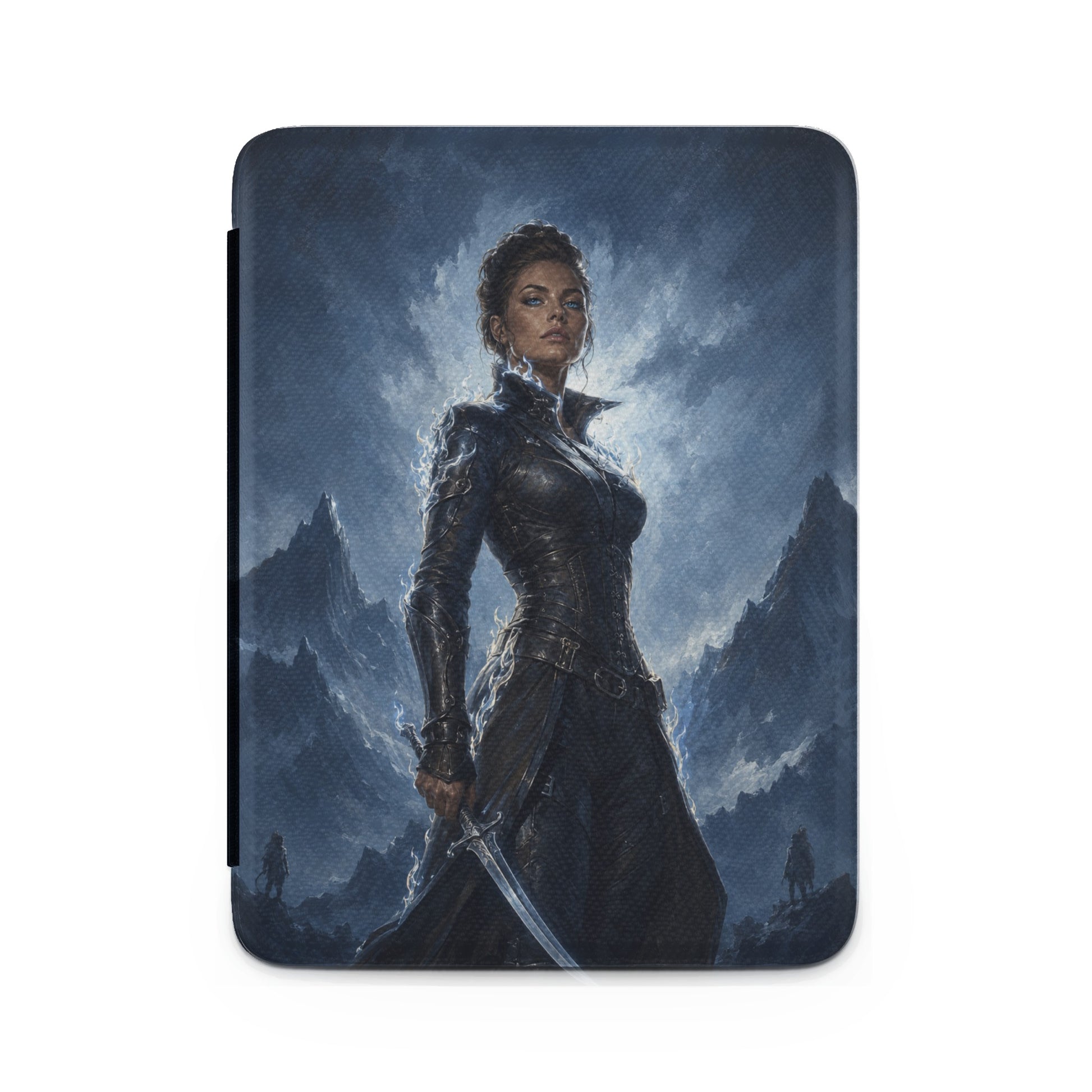Warrior woman in dark armor holding a sword, dark mountains and sky background.