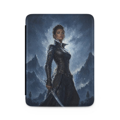 Warrior woman in dark armor holding a sword, dark mountains and sky background.