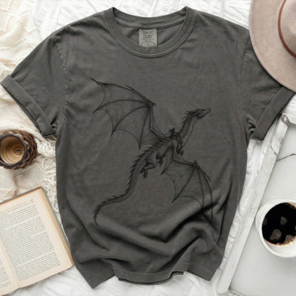 Charcoal grey t-shirt with a black line drawing of a dragon in flight.
