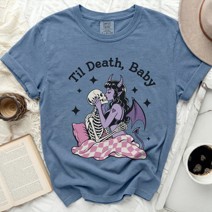 Blue t-shirt with "Til Death, Baby" graphic of a devil kissing a skeleton.