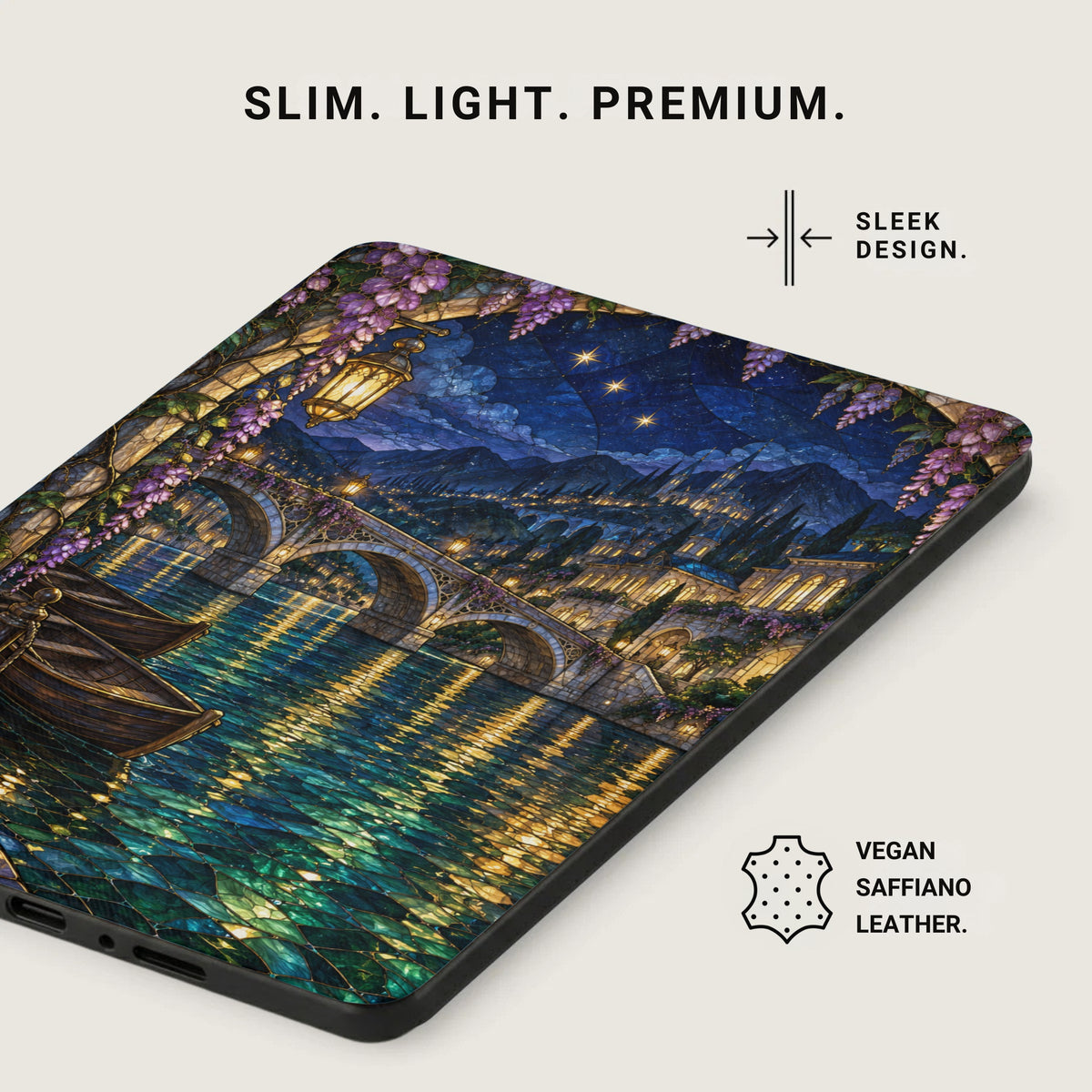 Case with a stained-glass art of a bridge, boats, and city at night.