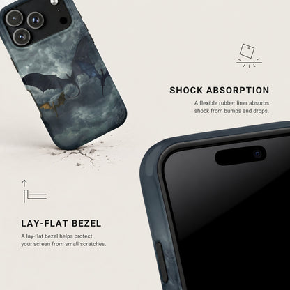 An iPhone case featuring a dragon artwork, highlighting shock absorption and lay-flat bezel features.