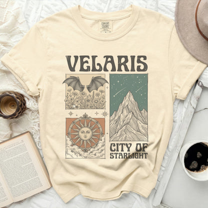 Velaris City of Starlight t-shirt with vintage celestial and mountainous illustrations.