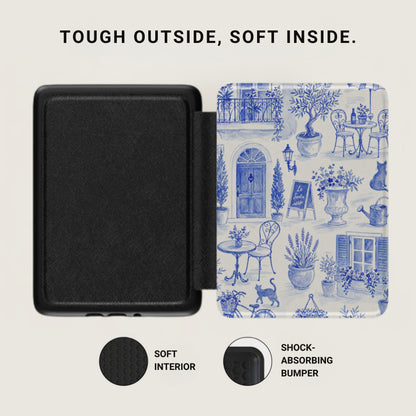 Black case with open design showing soft interior and French garden print exterior.