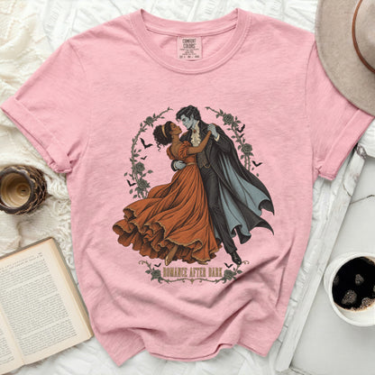 Pink t-shirt with vampire couple dancing and text "Romance After Dark".