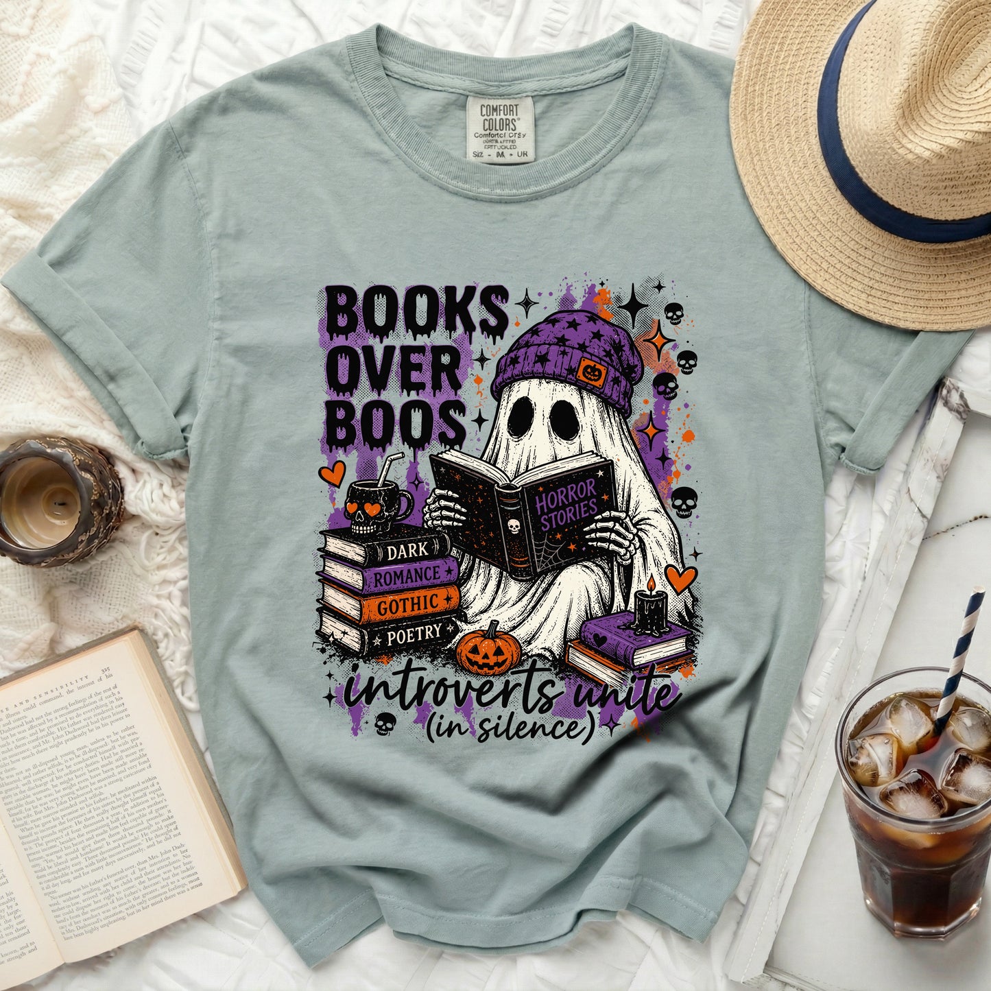 Ghost reading books with text "Books Over Boos" and "Introverts Unite".