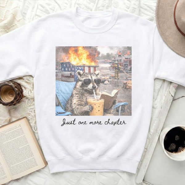 Just One More Chapter Raccoon Sweatshirt in White